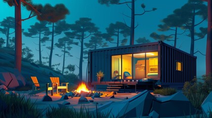 a shipping contain house in a forest, firepit and chairs camping vacation - illustration