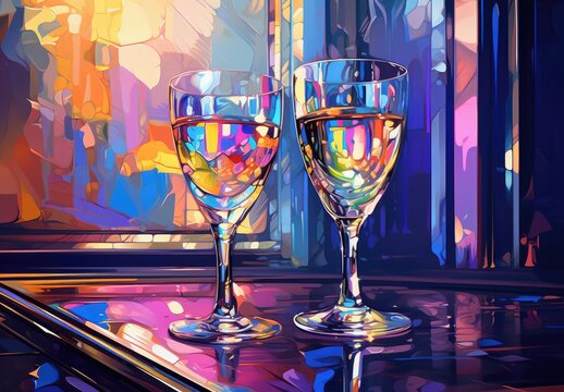 Two glasses of sparkling wine (champagne) on the table. The concept of a cozy vacation. Digital art in painted style. Illustration for cover, card, interior design, poster, brochure or presentation.