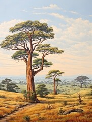 Fototapeta na wymiar Majestic African Savannas: Acacia Trees, Rustic Wall Decor - Panoramic Landscape Print