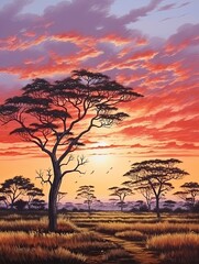 Majestic African Savannas: Sunset on Plains, Handmade Nature Scene Painting