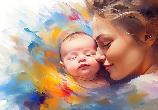 A loving mother holds a small child in her arms and enjoys a tender moment. Mom hugs the baby. Mother's Day holiday card in watercolor style. Motherhood. Illustration for cover, interior design, print