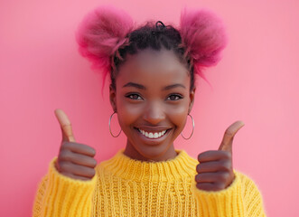 A joyful young woman with vibrant pink hair buns smiles brightly, giving two thumbs up against a cheerful pink background, exuding positivity and confidence