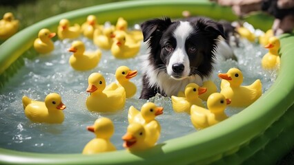 dog playing with bubbles A humorous scene of a Border Collie puppy attempting to herd a group of rubber ducks in a kiddie pool 