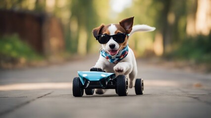 A playful Jack Russell puppy with oversized sunglasses and a bandana, running alongside a remote control car 