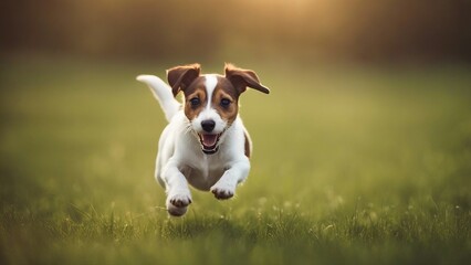jack russell terrier running Happy jack russell pet dog puppy running in the grass  
