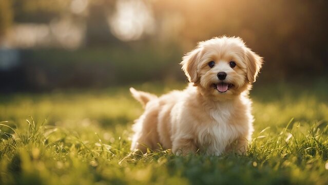 golden retriever dog Happy little orange havanese puppy dog is sitting in the grass 