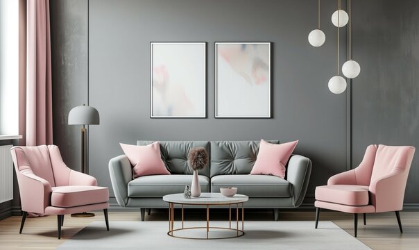 Contemporary interior in daylight with sofa or couch with armchairs and lamps and minimalistic pictures hanging on walls in grey and pink
