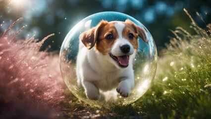 golden retriever puppy highly intricately detailed photograph of Happy jack russell pet dog puppy running in the grass   in a soap bubble 