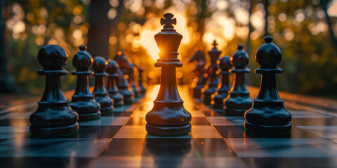 black chess pieces on a boardat sunset, parade of the king concept;