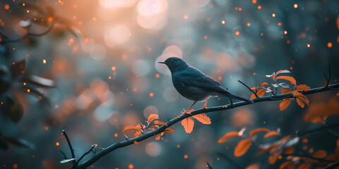 bird on a branch at sunrise - Powered by Adobe