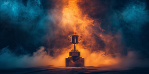 winning gold trophe cup in a smokey background.