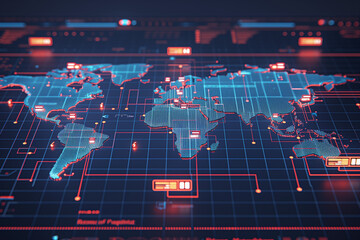 An representation of the world map in blue hues, with key areas illuminated in striking red. This dynamic image reflects a modern, digital interpretation of global connectivity and geographic .