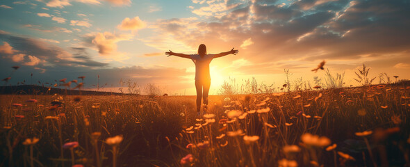 person in a field at sunrise, arms out welcoming the day. Hope and motivation concept. - obrazy, fototapety, plakaty