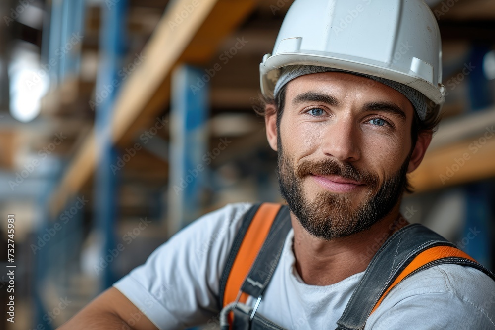 Poster a handsome handyman working on construction side. generative ai.