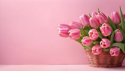 Basket of pink tulip flowers on a pink spring background created with generative ai