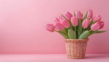 Basket of pink tulip flowers on a pink spring background created with generative ai