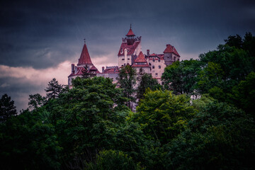 Fototapeta na wymiar View on the spooky Bran castle among trees in a heavy rain, Romania