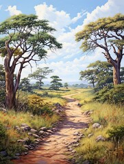 Fototapeta na wymiar Majestic Safari Trail: African Savannas Pathway Painting, Nature Scene