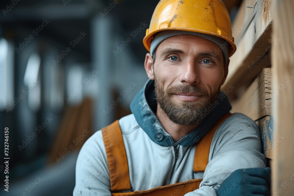 Poster a handsome handyman working on construction side. generative ai.