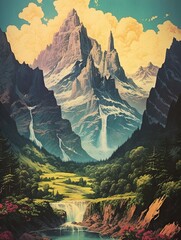 Majestic Mountain Landscape Art: Temple Nature Print for Vintage Decor