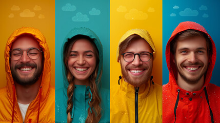 A joyful group of friends in yellow raincoats smiling together - obrazy, fototapety, plakaty