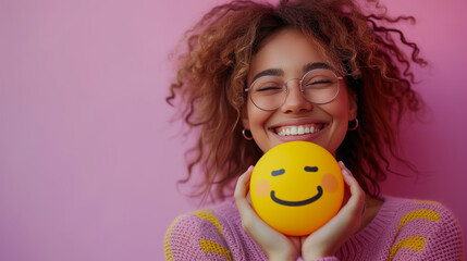 Woman smiling with yellow ball, expressive eyes, and stylish hairstyle - obrazy, fototapety, plakaty