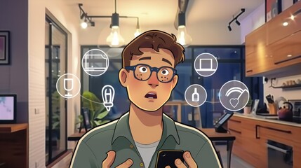 young computer saavy man with technical icons around him - cartoon