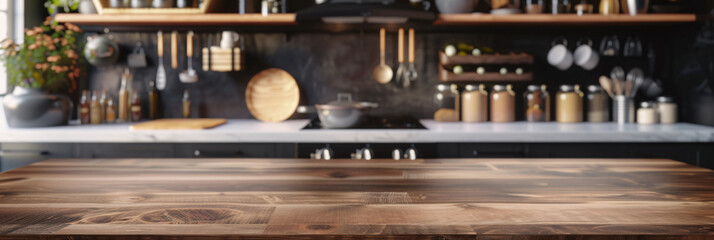 Elegant Wood Tabletop Perspective Over a Blurred Kitchen Scene for Product Montages and Design Layouts