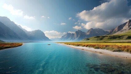 Obraz premium lake, landscape, water, mountain, clouds, sea, nature, sky, travel, beach