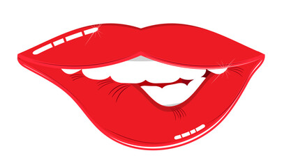Female mouth with a bitten lip. On the lips - scarlet lipstick. Icon, symbol, emblem, sign, pictogram, picture. Vector illustration
