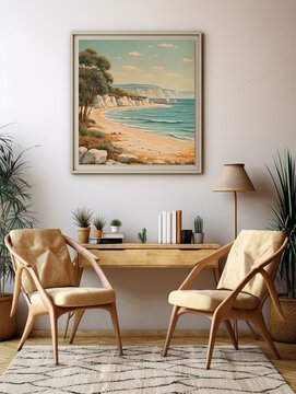 Vintage Coastal Bliss: Mediterranean Beaches Wall Art, Beach Scene, and Vintage Landscape