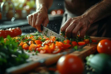 Fotobehang Chopping Fresh Vegetables for Culinary Preparation © Pompozzi