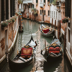Venetian Gondolas Serenely Floating on Canal Waters - obrazy, fototapety, plakaty