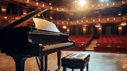 A grand piano in an elegant concert hall, awaiting the pianist's touch to fill the space with melody