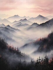 Enveloped Peaks: Twilight Landscape and Misty Fog in Modern Mountain Scenery