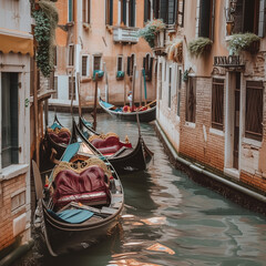 Serene Venetian Canal with Gondolas at Sunset - obrazy, fototapety, plakaty
