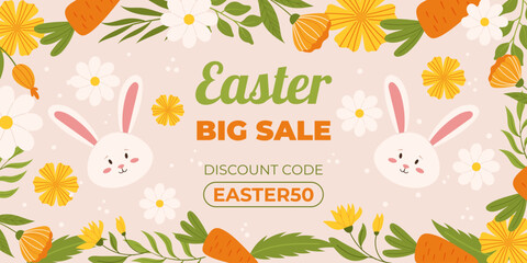 Easter sale horizontal background template for promotion. Design with painted eggs, flowers, carrots and cute bunny. Spring seasonal advertising. Hand drawn flat vector illustration.