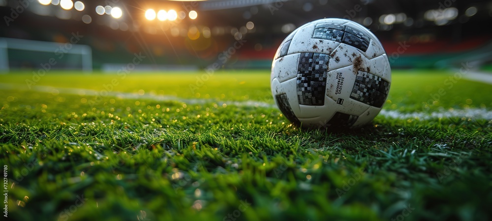 Wall mural After game. Closeup soccer ball on grass of football field at crowded stadium