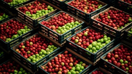 Abundance of various fruits in market crates, signifying freshness and quality