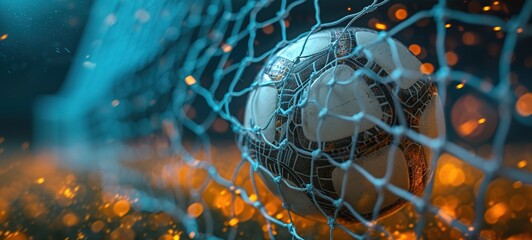 Soccer ball on goal with net and green background, this photo can use for football