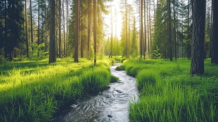 A tranquil stream flowing through vibrant green forest at sunset