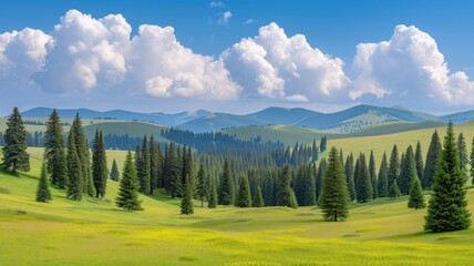 Expansive view of rolling green hills under a dramatic cloudy sky