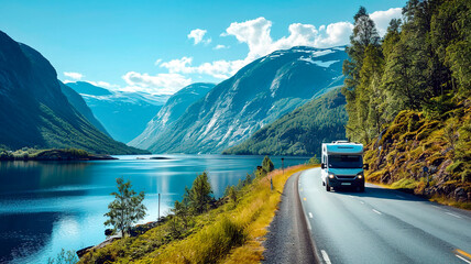 Outdoor Adventures with a Campervan on a road in mountains
