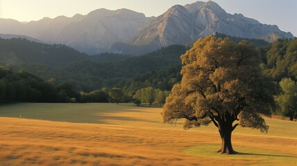 Majestic oak tree in a golden field against mountain backdrop at sunset