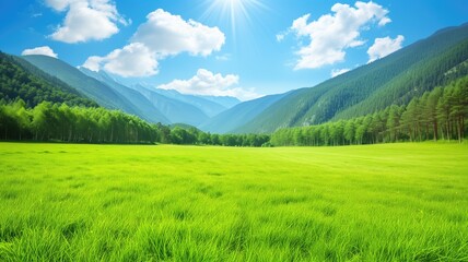A sunburst over a lush green mountain valley with a dense forest