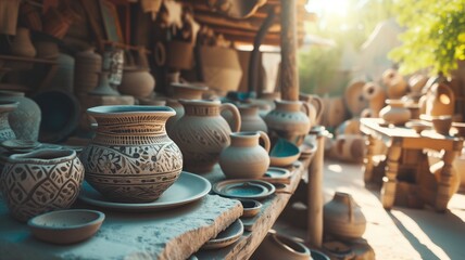 Artisan pottery collection displayed on shelves in a sunlit traditional workshop - Powered by Adobe