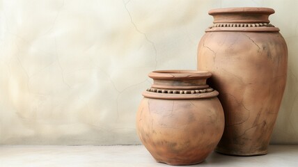 Fototapeta na wymiar Two rustic clay pots against a textured cream wall