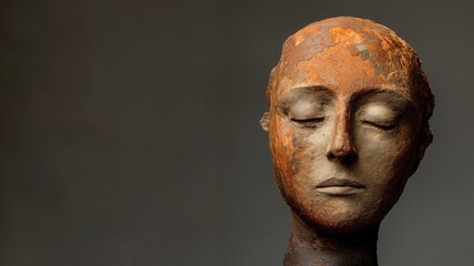 A tranquil clay sculpture with a serene expression against a soft grey background - obrazy, fototapety, plakaty