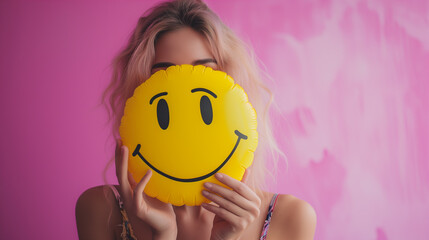 Woman conceals her facial expression behind a yellow smiley pillow - obrazy, fototapety, plakaty