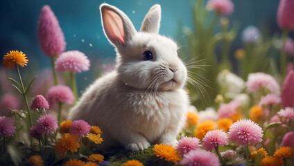 cute fluffy bunny with flowers outdoors